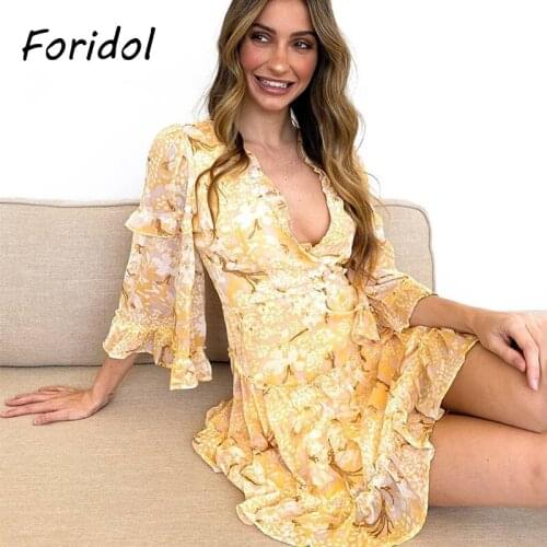 Foridol Floral Print Boho Spring Autumn Backless Lace Up White Dress Flare Sleeve Beach A-line Dress Ruffle Short Dress