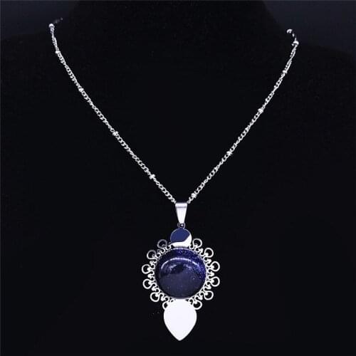 Bohemia Flower of Life Natural Stone Stainless Steel Necklace Wmen Silver Color Charm Necklace Vacation Jewelry bijoux NXS04