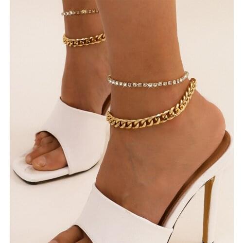 Punk Gold Silver Color Double Layer Chain Ankle Anklets Chic Crystal Pave Inlaid Anklets For Women Fashion Bohemia Foot Jewelry