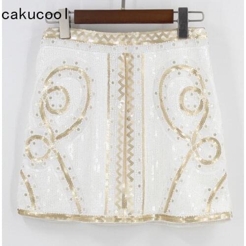 Cakucool new Retro White Sequined sexi mini Skirts Vintage Beaded Pencil Skirt High Waist Golden Silm Bodycon Runway jupe sequin