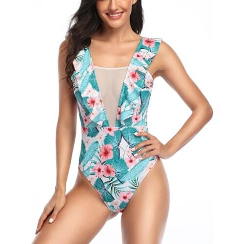 Mother And Daughter Floral Print Ruffles One Piece Swimsuit V-neck Mesh Matching Swimsuit Bikini 2021 Mujer Bathing Suit Women
