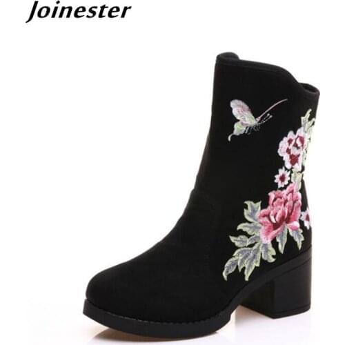 Ethnic Traditional Floral Embroidery Flock Ankle Boots Rubber Hoof Heels with Zipper Vintage Cotton Casual Fashion Winter Boots