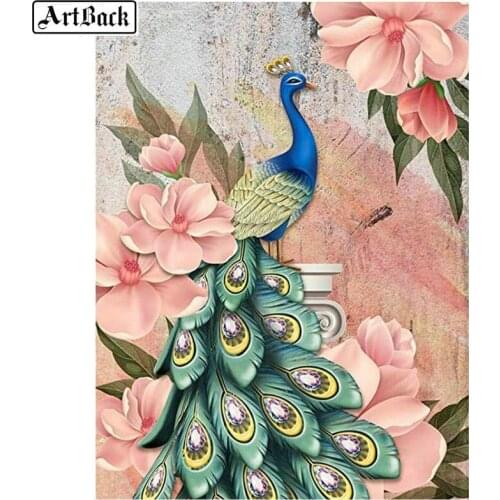 ARTBACK 5d diy diamond painting peacock flower full square / round drill 3d diamond embroidery sewing artwork mosaic crafts
