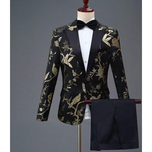2021 Handsome Gold Floral Groom Tuxedo Suit For Men Peaked Lapel Slim Fit Mens Dinner Party Wedding Prom Suits Terno Masculino