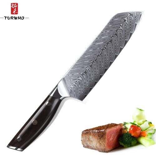 TURWHO 7'' inch Santoku Kitchen Knives 67 layers Damascus Steel Chef Knife Dealing with Meat Vegetables Red Sandalwood Handle
