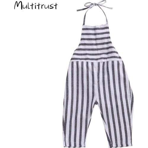 2020 Summer Infant Baby Girls Overalls Pants Blue Striped Print Sleeveless Jumpsuits Outfits 1-5Y
