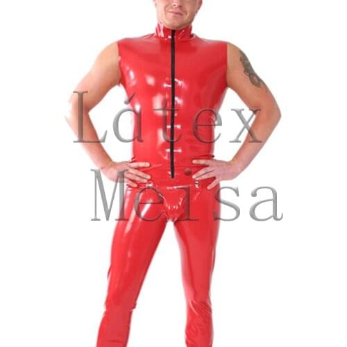 Mens latex sleeveless tops with zip and leggings with codpiece & penis open holes clothings set in red color
