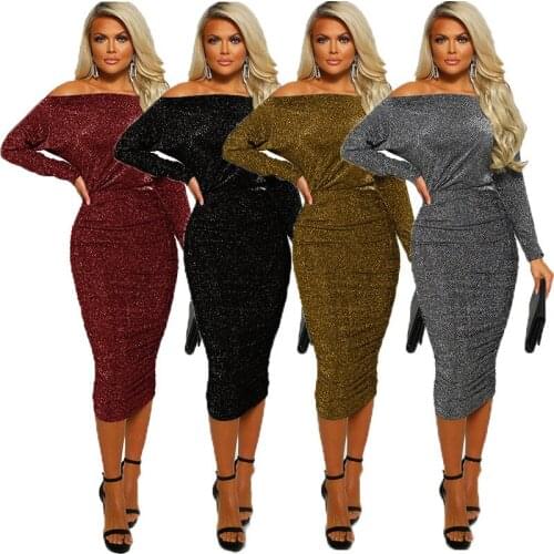 Fitting Dress long Sleeve Elegant Empire bodycon dresses woman sexy fashion solid off-shoulder cloth Women Basic Vestidos FC1127