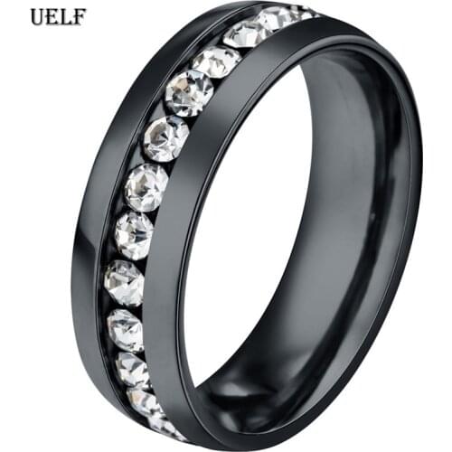 Uelf Inlay Single Row Crystals Ring For Women Luxury Charm Black Love Ring Engagement Stainless Steel Ring Jewelry Direct Sale
