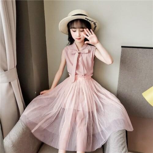 Solid Pink Children Dress 2021 Summer Mesh Dresses For Girls Wedding Dress Elegant Princess Dress Vestidos 4-12 Year Old