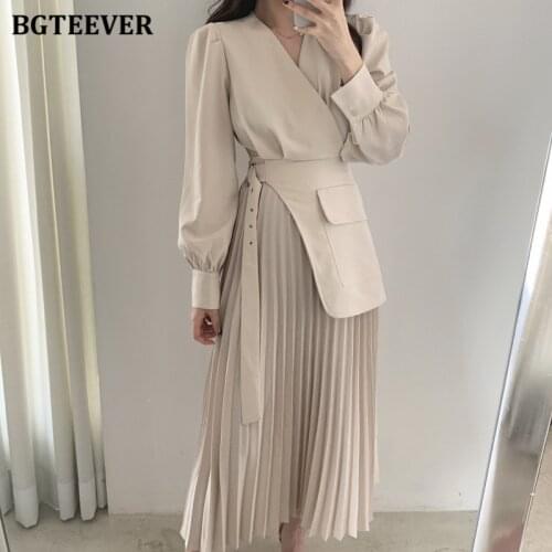 BGTEEVER Office Ladies V-neck Patchwork Pleated Dress 2021 Spring Solid Vestidos Full Sleeve Slim Waist Belted Female Dress