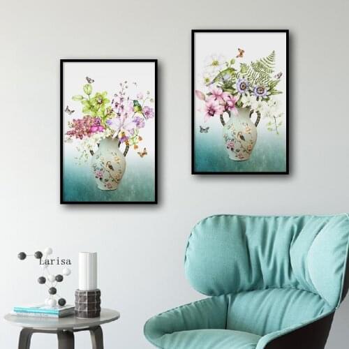 Modern Simple Poster Colorful Flowers Wall Art Canvas Painting Frameless Waterproof Prints Photo for Dinning Hall Home Decor