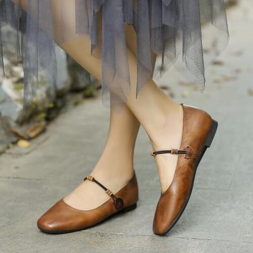 Mary Jane Shoes For Women Handmade Soft Leather Retro Round Toe Designer Shoes Brown/Coffee