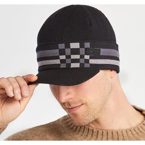 Thickened Baseball Cap Mens Wool Cap Jacquard Plaid Knitted Hat Double layer Thermal Cap Outdoor Baseball Cap Hat