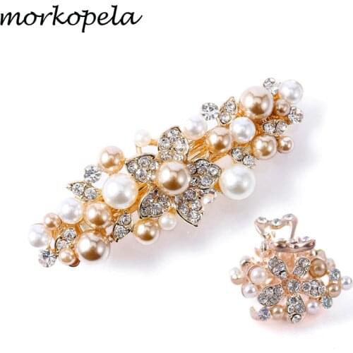 Morkopela Simulated Pearls Flower Hair Claw Barrettes Rhinestone Women Hair Accessories Hair Clip