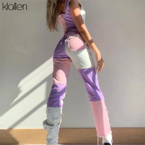 KLALIEN Fashion streetwear pant women high waist zipper patchwork hip hop Disco Pants ladies high street casual trousers 2020