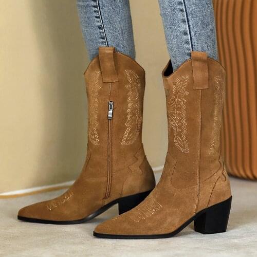 2021Spring/Fall Fashion Leather Cowboy Boots Women Pointed Toe Chunky Heels Ladies Mid-Calf Boots Slip On Shoes For Women Brown