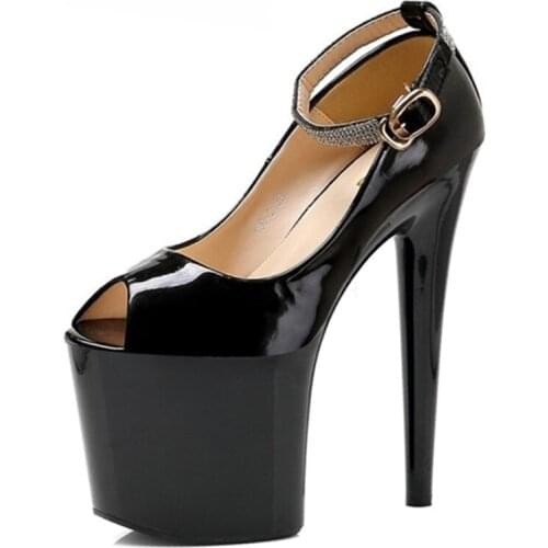 Black 20cm ultra high heels peep toe shoes platform heels women fashion patent leather dress shoes sexy shoes