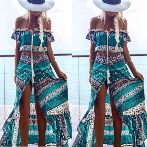 Women Summer Floral Print Off Shoulder Crop Tops 2021 Fashion Sexy Party Beach Long Maxi Dress Female Boho Two Piece Set