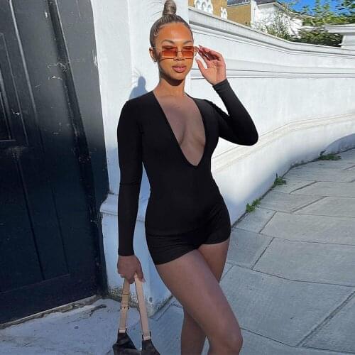 Black Ruched Drawstring Open Back Short Playsuit Women Deep V Neck Cleavage Full Sleeve Romper Fashion One Piece Club Outfits