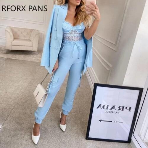 Women Solid Button Design Blazer Coat & Pockets Design Pencil Pants Set Casual Women Sets