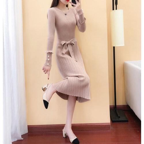 New 2020 Spring Women Dress Long Sleeve Casual Korean Style Slim Waist Knitted Fashion Sweater Dress Round Neck Dress Female S04