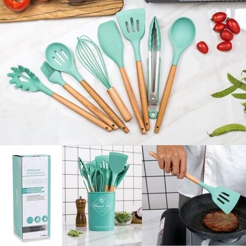 1PC Wooden Handle Silicone Kitchenware Cookware Spatula Spoon Brush Pasta Colander