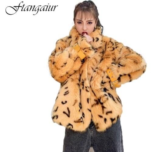 FTangaiur 2019 Imported Tuscan Wool leather fur Coat Turn-Down Collar Leopard Slim Womens Medium Real Tuscan Wool fur One Coats