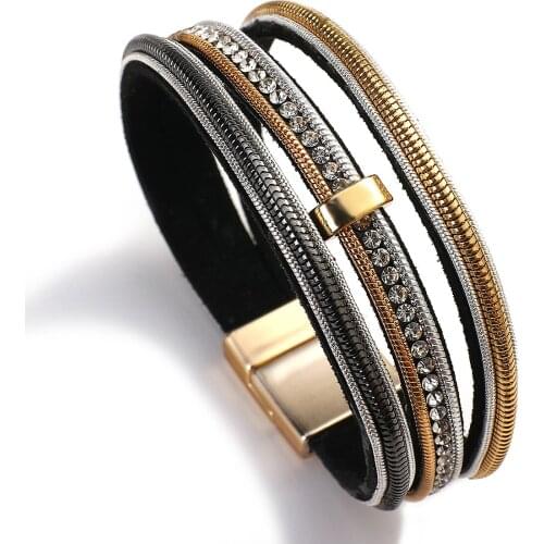 Amorcome Bohemian Rhinestone Metal Beads Leather Bracelets Women Handmade Clasp Bangle Bracelet Wristbands Ladies Jewelry Gift
