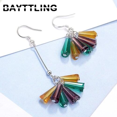BAYTTLING 925 Sterling Silver Long Tassel Fan Shaped Asymmetric Drop Earrings For Woman Charm Wedding Jewelry Gift Couple