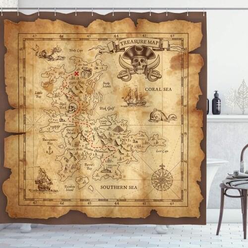 Beige Brown Island Map Shower Curtain Super Detailed Treasure Map Grungy Rustic Pirates Gold Secret Sea History Theme