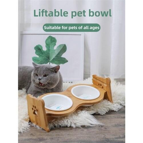 Puppies Cat Dog Pet Feeding Water Supplies Single Double Ceramic Bowl For Food Slow Feeder Bamboo Liftable Collapsible Elevated