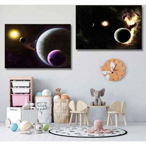 Solar System Canvas Painting Starry Sky Nebula Clouds Wall Art Pictures for Home Baby Decor Space Planet Posters and Prints
