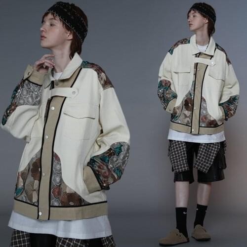 Mens jacket embroidered printed workwear jacket mens ins handsome blast street hip-hop casual denim jacket tide