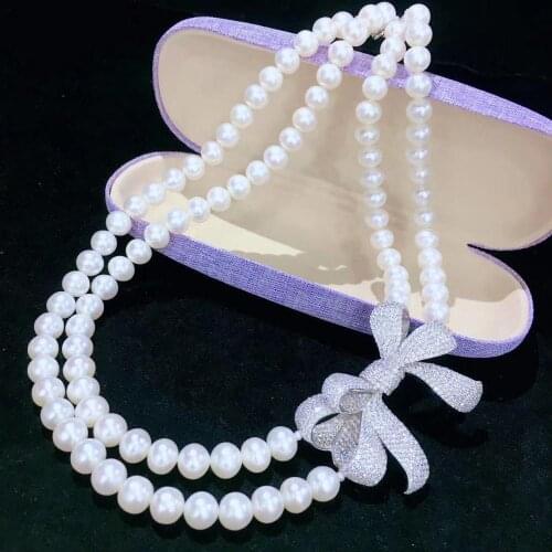 9-10MM natural fresh water pearl necklace double layers 925 sterling silver with cubic zircon bowknot classic fine jewelry