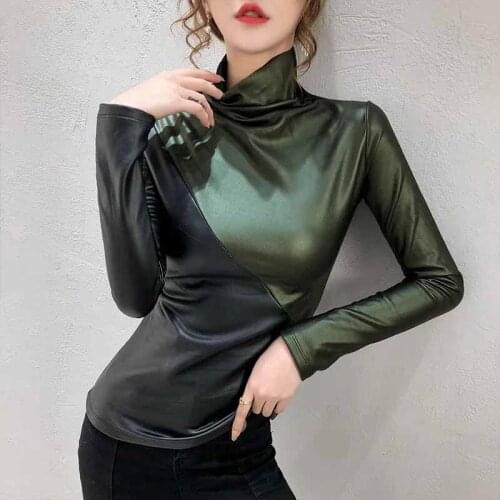 2020 New Fashion Leather Bottoming T-Shirt Women Autumn Winter Turtleneck Plus Velvet Stitching Color Tops Slim Warm Tees KW299