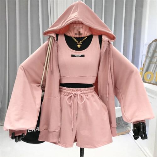 Nowsaa Casual All-match Suit Womens 2021 Sexy Letter Vest + Drawstring Shorts + Hooded Zipper Jacket Fashion Three-piece Set