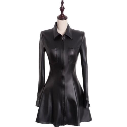 Autumn Zipper Pockets PU Leather Dress Women Sexy Mesh Sleeve Patchwork turndown collar Party Dress 2021