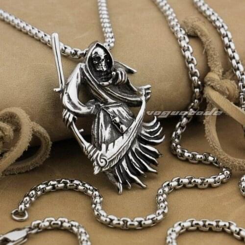 316L Stainless Steel Large Grim Reaper Scythe Death Pendant Mens Biker Punk Style AJ016 Steel Necklace 24 inches