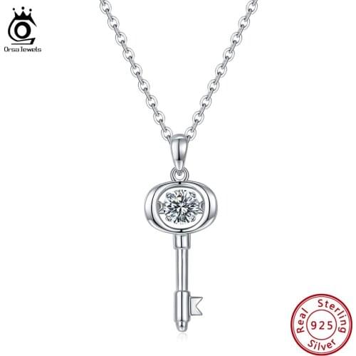 ORSA JEWELS Key Dancing Moissanite Diamond Pendant Necklace 925 Sterling Silver Necklaces For Women Fine Jewelry Gifts SMN40