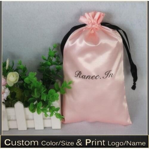 20X30CM Pink Silk Satin Hair Extensions Packaging Bag Beauty Case Makeup Shoes Wedding Party Gift Storage Drawstring Custom Logo