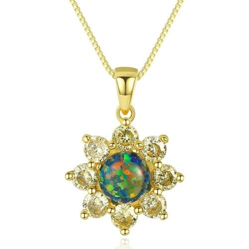 S925 Sterling Silver Opal Necklace 3A Zircon Sun Flower 6mm Opals Pendant Necklace Women Gift Fine Jewelry