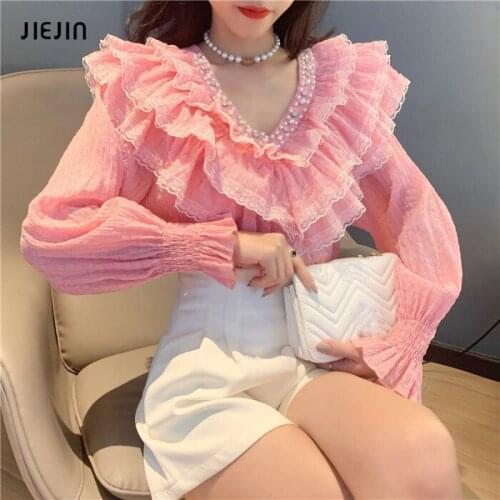 Chic Ruffle V Neck Shirt Women Blouse 2021 Summer New Korean Style Elegant Sweet Shirts Vintage Puff Sleeve OL Tops Female