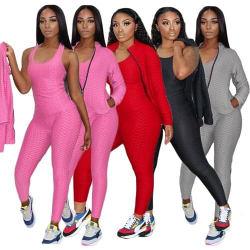Activewear Tracksuit Women 3 Piece Sporty Suits Skinny Tank Tops+bodycon Jogger Sweatpant+long Sleeve Zipper Coat Matching Sets