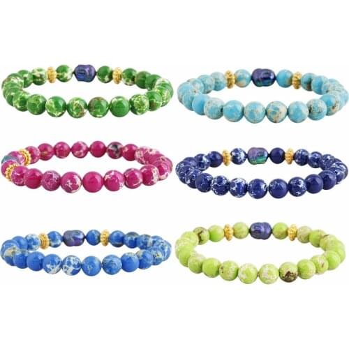 SUNYIK 1Lot (6Pc) Sea Sediment Stone 8mm Round Beads Buddha Stretch Bracelet 7" Unisex