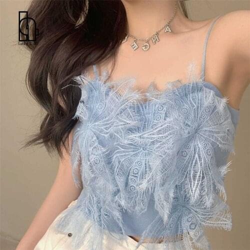 Luck A Summer New Knitted Crop Top Sexy Spaghetti Strap Tank Top Vintage Off Shoulder Feather Tanks Casual Street Ladies Camis