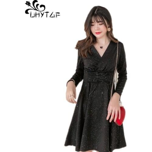 UHYTGF Spring Summer New Fashion Print dresses Female Slim V-neck Waist Bandage dress womens 4XL Plus size dresses women X754