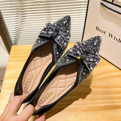 Fairy Pearl crystal bow-knot ballerina women shoes shallow sneakers woman flats ins glitter soft bottom moccasins big size 40-43