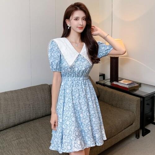 2021 Summer New Arrival French Style Peter Pan Collar Lace Floral Dress Slim Elegant
