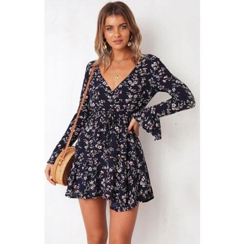 Fashion Women Summer Casual Long Sleeve Dress Evening Party Floral Short Mini Dress Ladies Deep V-neck Summer Beach Sundress